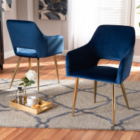 Baxton Studio DC144-Navy Blue Velvet/Gold-DC Germaine Glam and Luxe Navy Blue Velvet Fabric Upholstered Gold Finished 2-Piece Metal Dining Chair Set